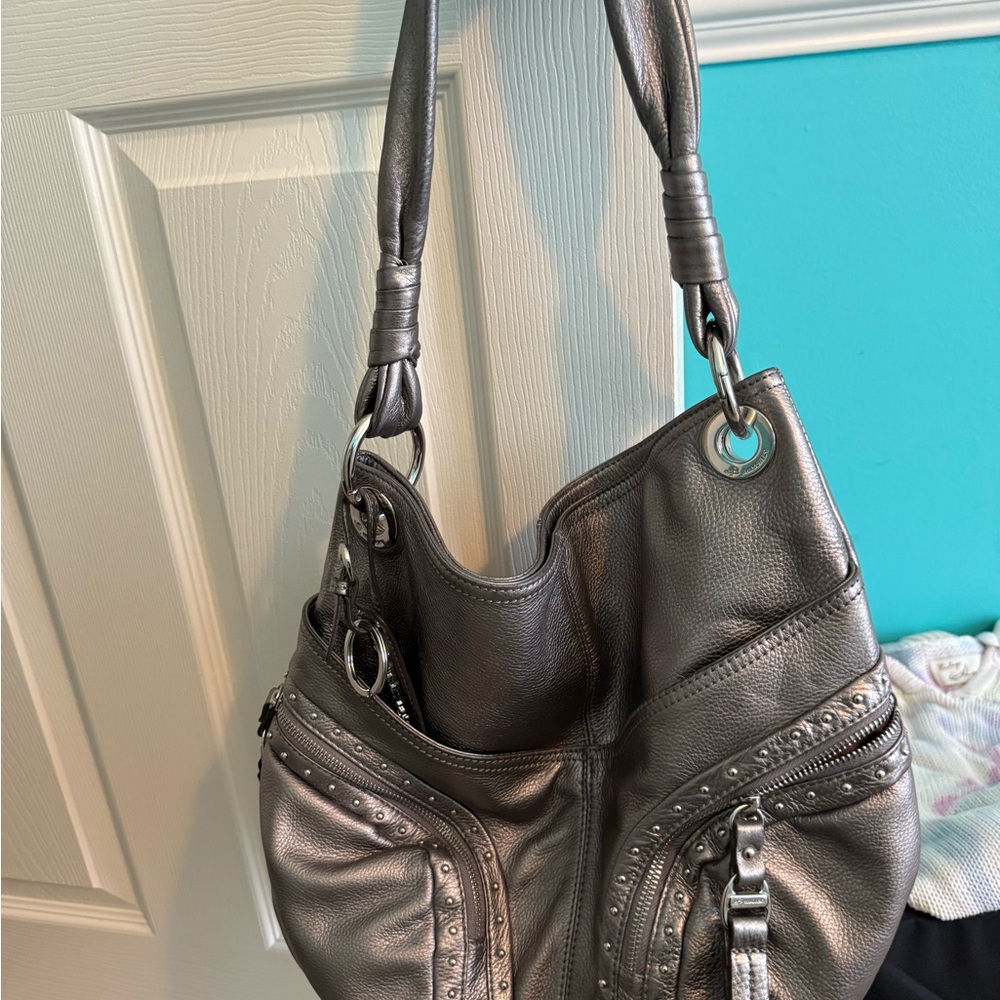 BMakowsky Designer Gray Pebbled Leather Shoulder Bag with Studded Detailing